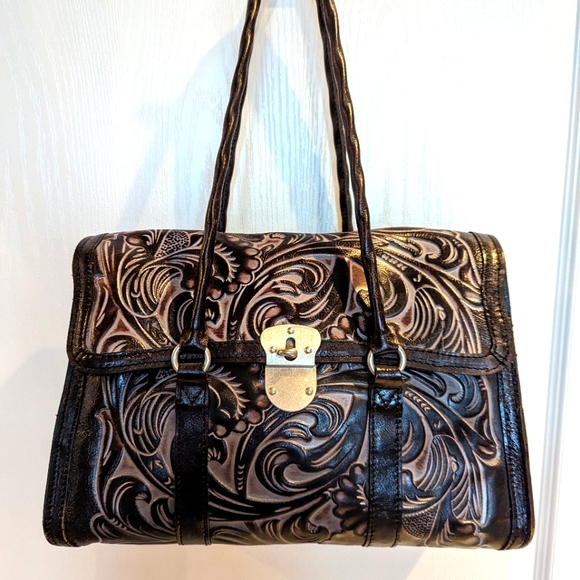 Patricia Nash Vienna Satchel Tooled Leather Bag, color Black Tuscan EUC - Picture 4 of 14